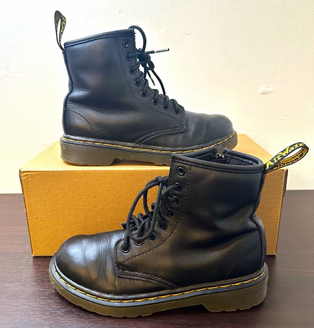 Dr. Martens 1460J Pascal Kids Black Leather Combat Ankle Boots Lace/Zip US 1